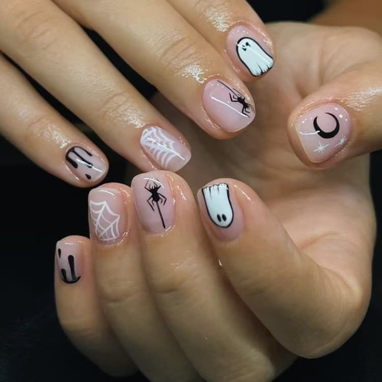 Minimalist Halloween Press-On Nails Short Square Shape Hand-Painted Little Ghost Spider Spider Web Crescent Moon Minimalist Dark Nail Tips