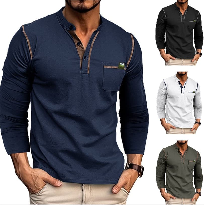 2025 Spring/Summer Cross-border European and American Men's Long Sleeve T-Shirt Henley Shirt Amazon Color Block Top