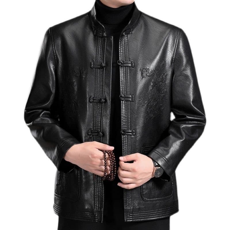 【】Tang Suit Leather Jacket Men's PU Embroidered Dad Chinese Style Jacket Fleece Lined Thickened Cotton Clothing Ethnic Style
