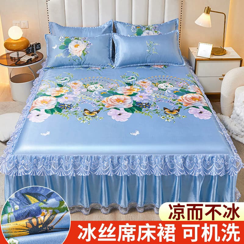 Summer ice silk three-piece set with bed skirt and detachable lace, washable cotton foldable double bed cover mat.