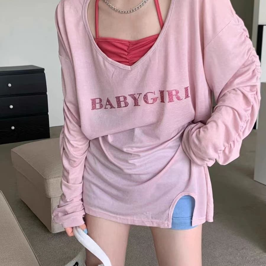 2026 Sun-Protective Trendy T-Shirt for Women, Summer Design V-Neck Sheer Hollow-Out Top, Slim-Fit Inner Layering Camisole Set