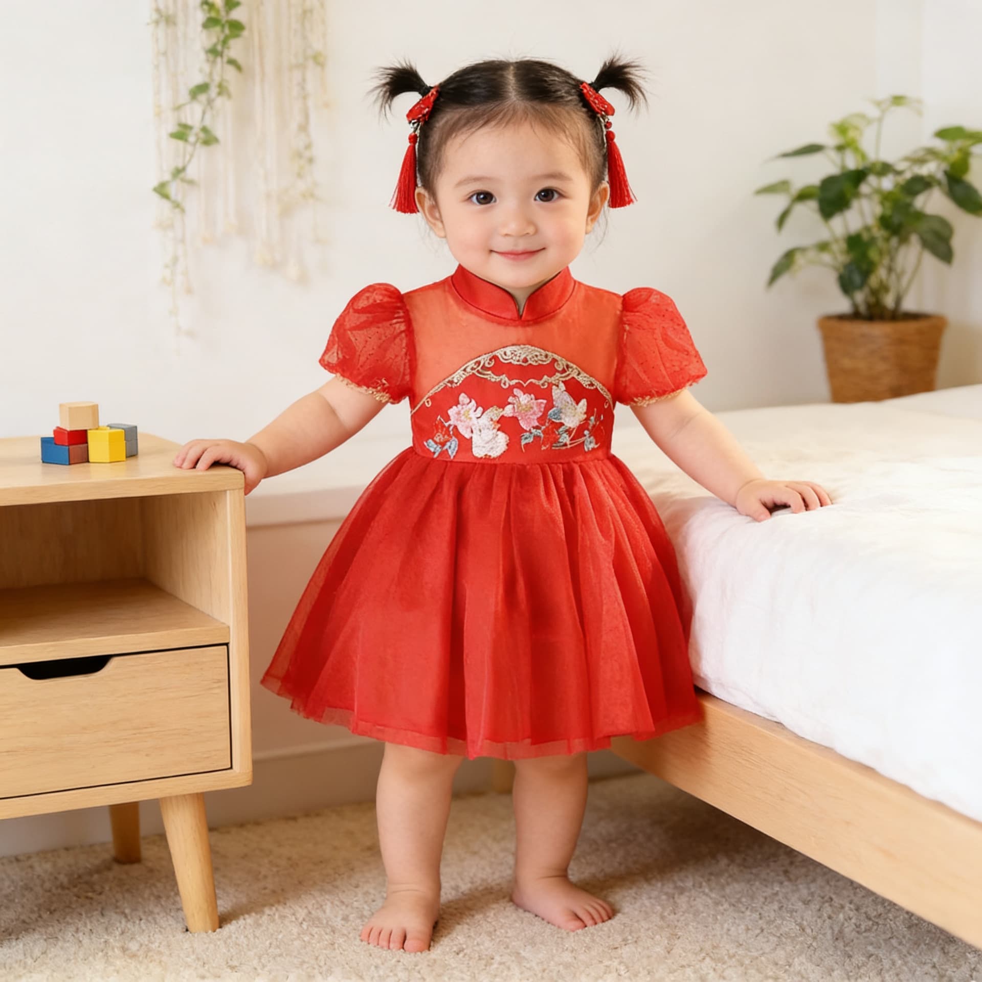 Girl's Red Chinese-style Dress Summer New Bubble Sleeve Mesh Skirt Baby First Birthday Party Dress Manufacturer