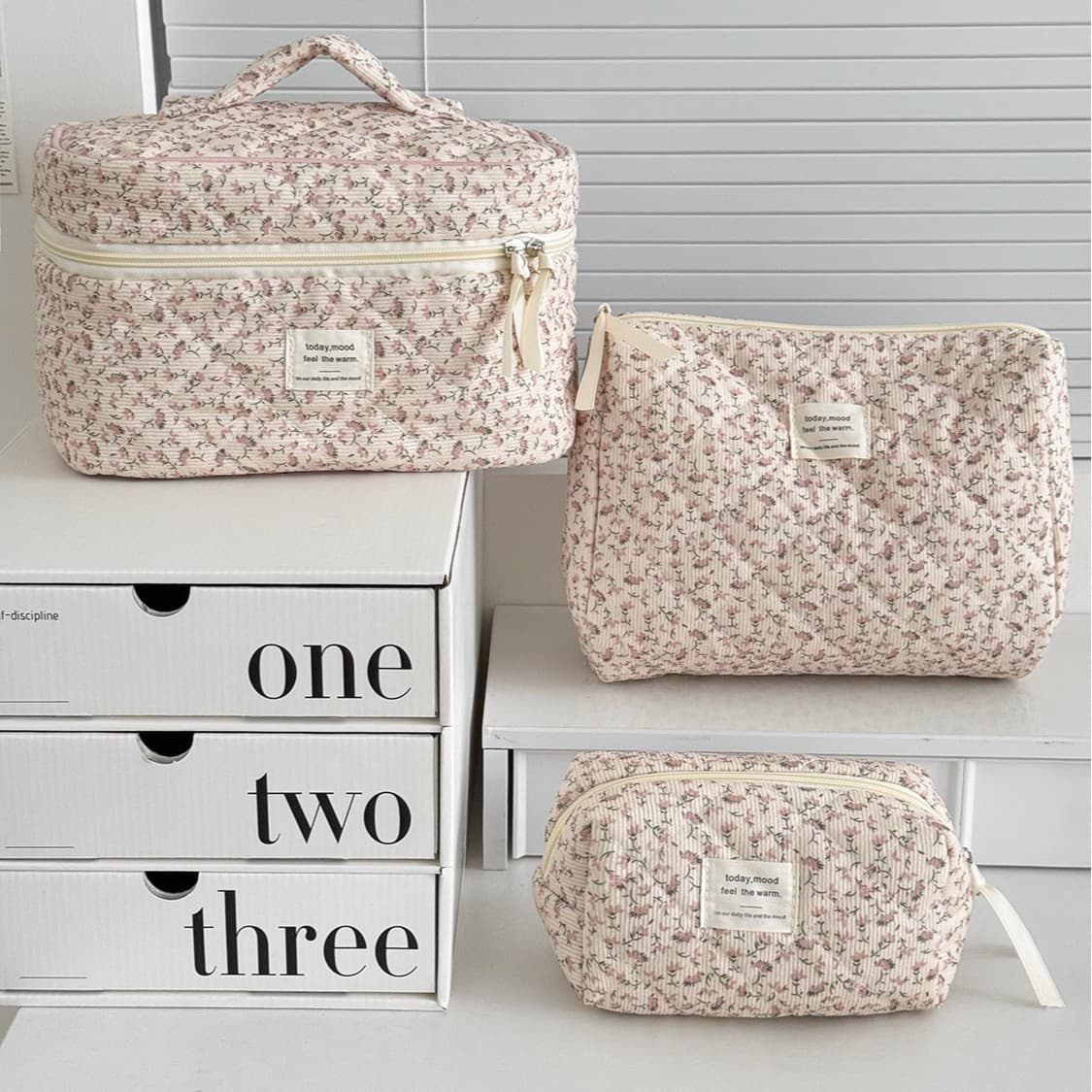 Spring New Corduroy Pink Full Floral Cosmetic Bag Multifunctional Travel Portable Cosmetic Storage Bag