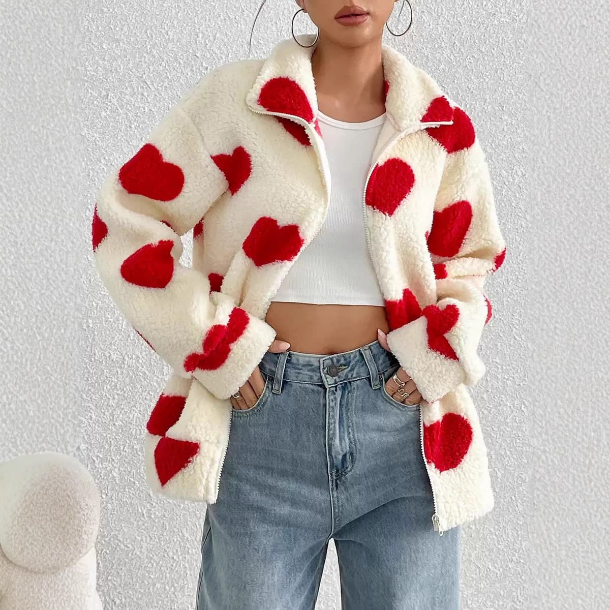 Cross-Border Amazon Women's Popular Autumn and Winter Faux Fur Coat Heart-Shaped Zipper Warm Loose Imitation Fur Coat