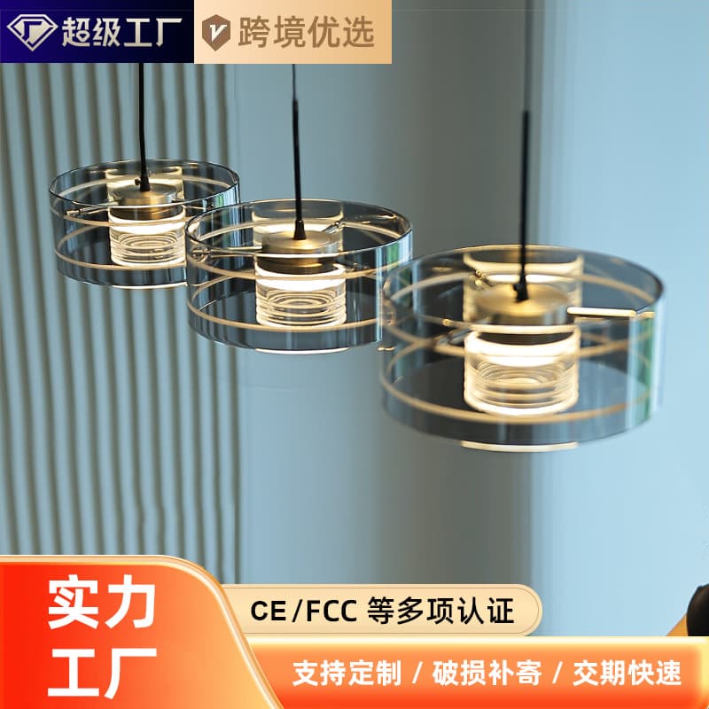 Italian minimalist restaurant chandelier, high-end bar island, light luxury glass dining table, dining room three-head chandelier