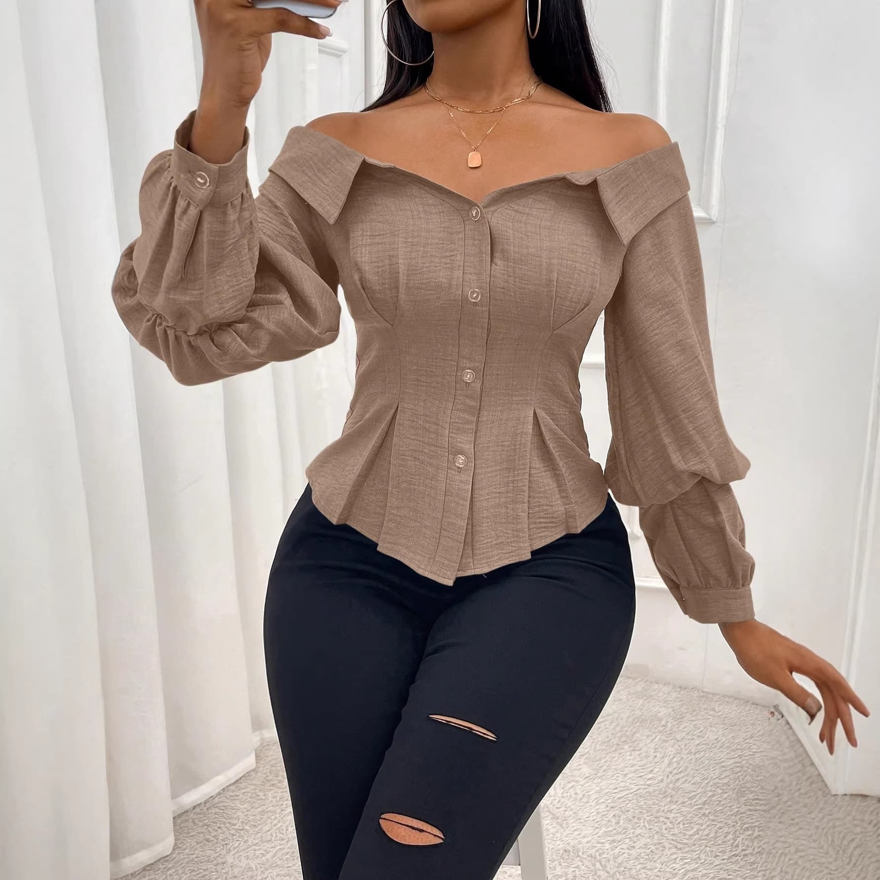 Amazon US/EU Cross-Border Women's Off-Shoulder Ruffle Hem Mature Elegant Style Short Blouse