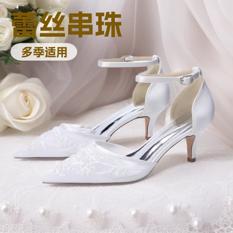 2026 Women's Mid High Heel Open Toe Ankle Strap Pearl Embroidered Wedding Shoes Bride Shoes 6869-34