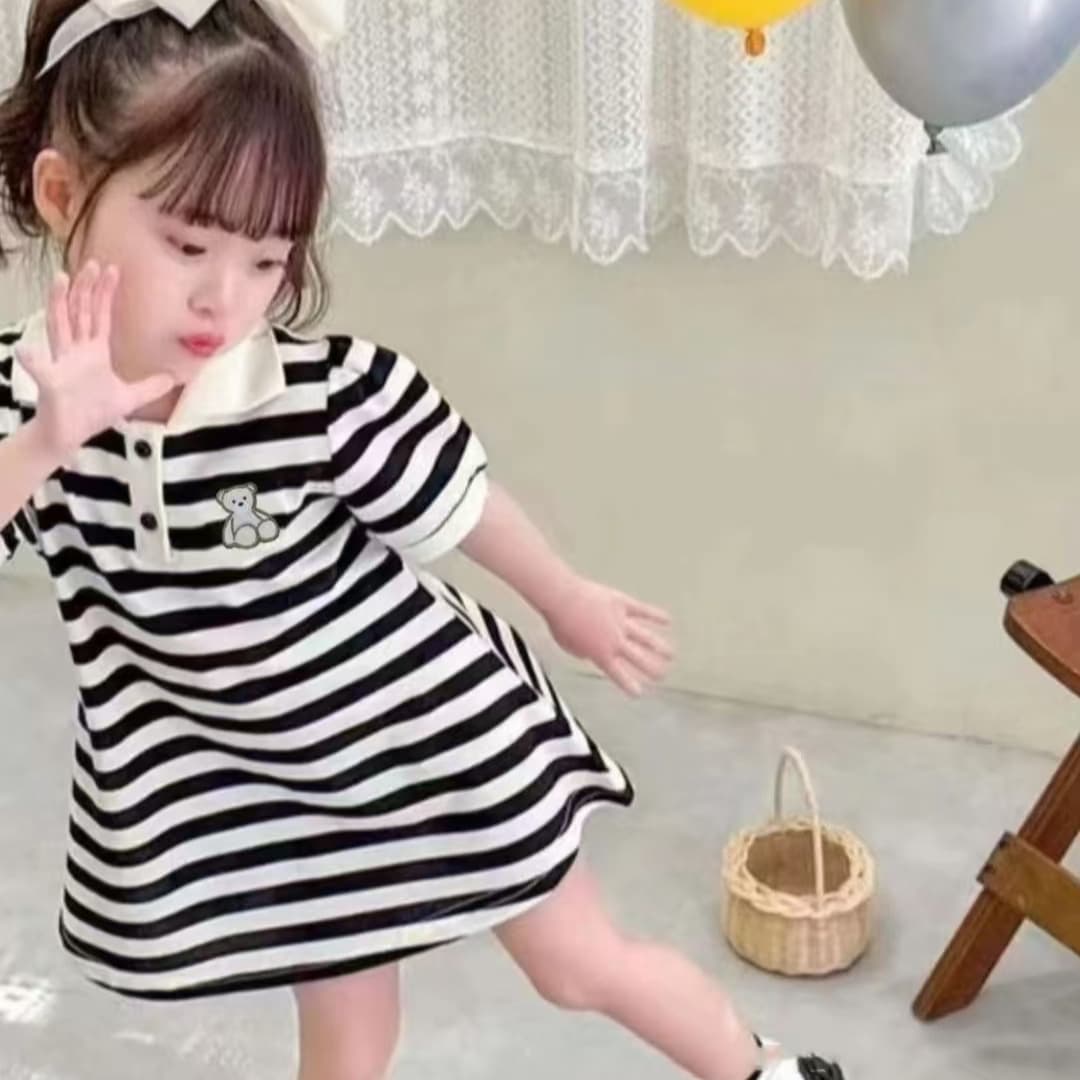 Girls Short Sleeve Dress 2025 Export Children Summer Black White Stripe Embroidery Midi Top Dress