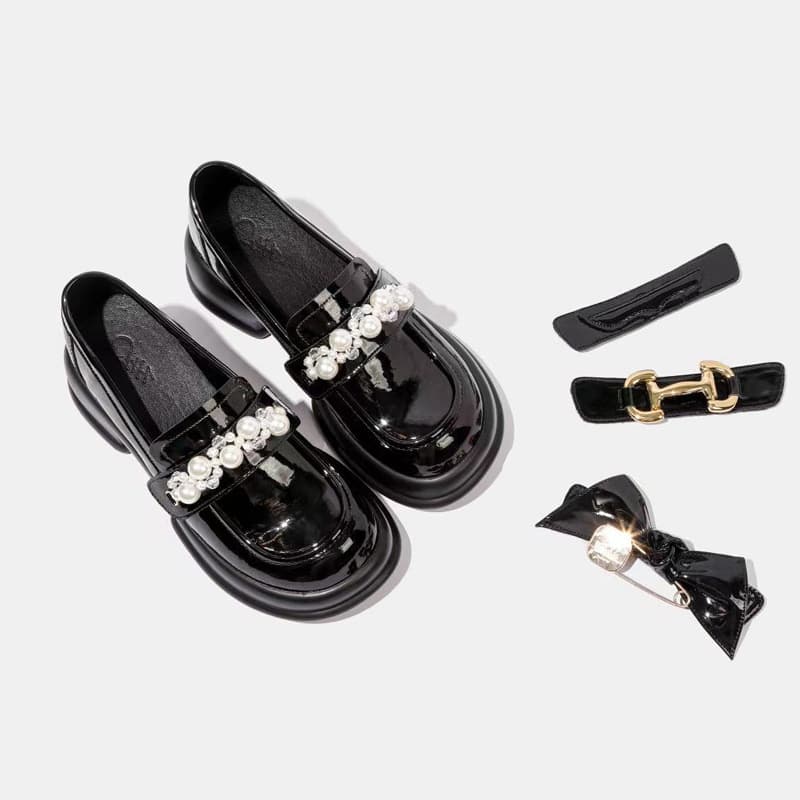 Genuine Leather Loafers for Women with Hidden Height Increase, 4-Buckle Retro British Style, Thick Sole, Small Size 3233