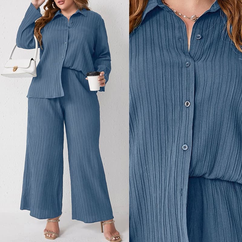 In Stock Plus Size Women's 2025 Spring/Autumn New Solid Pleated Casual Loose Shirt Top High-Waist Long Pants Set