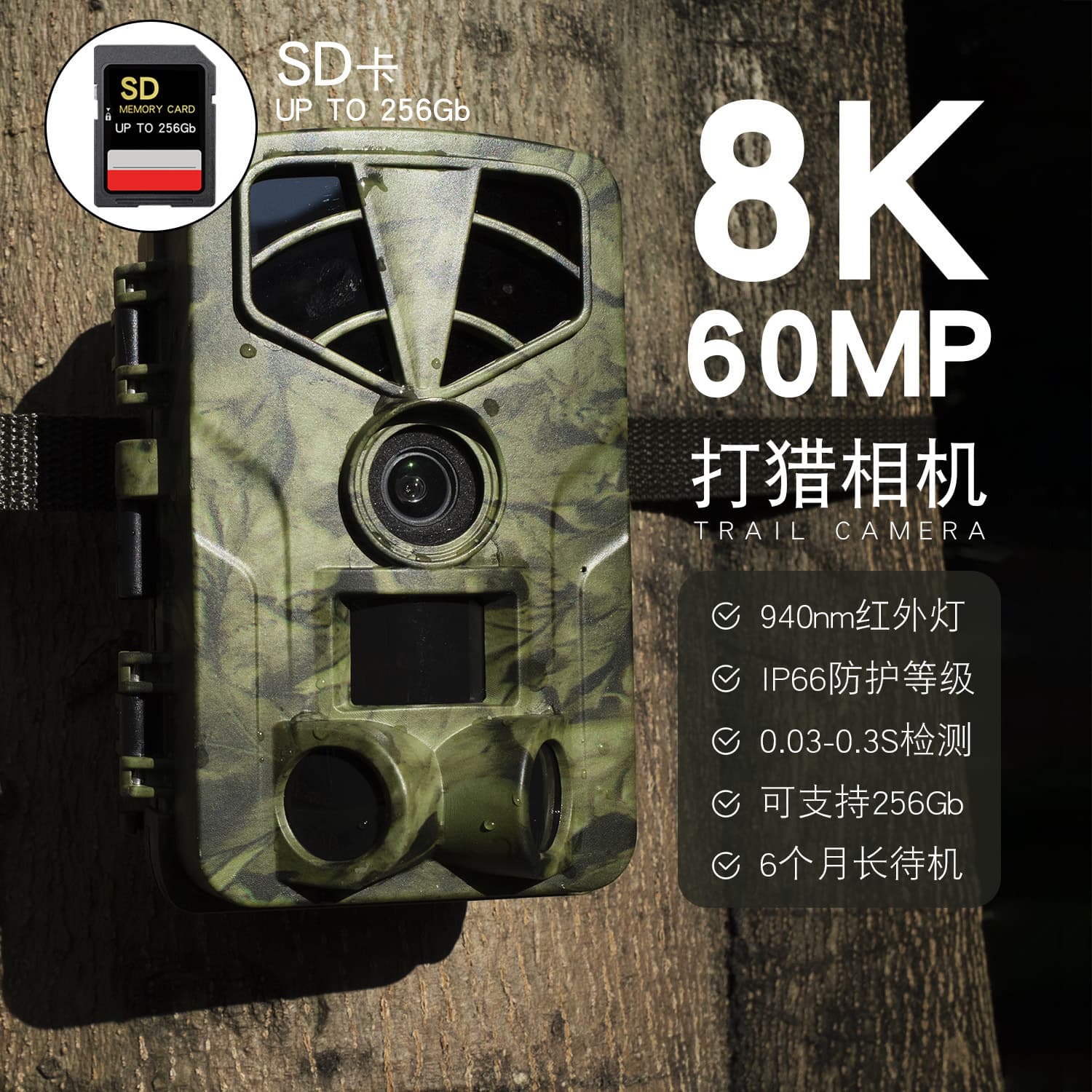 New 8K Hunting Camera 60MP HD Waterproof Night Vision No Glow Infrared Outdoor Trail Camera