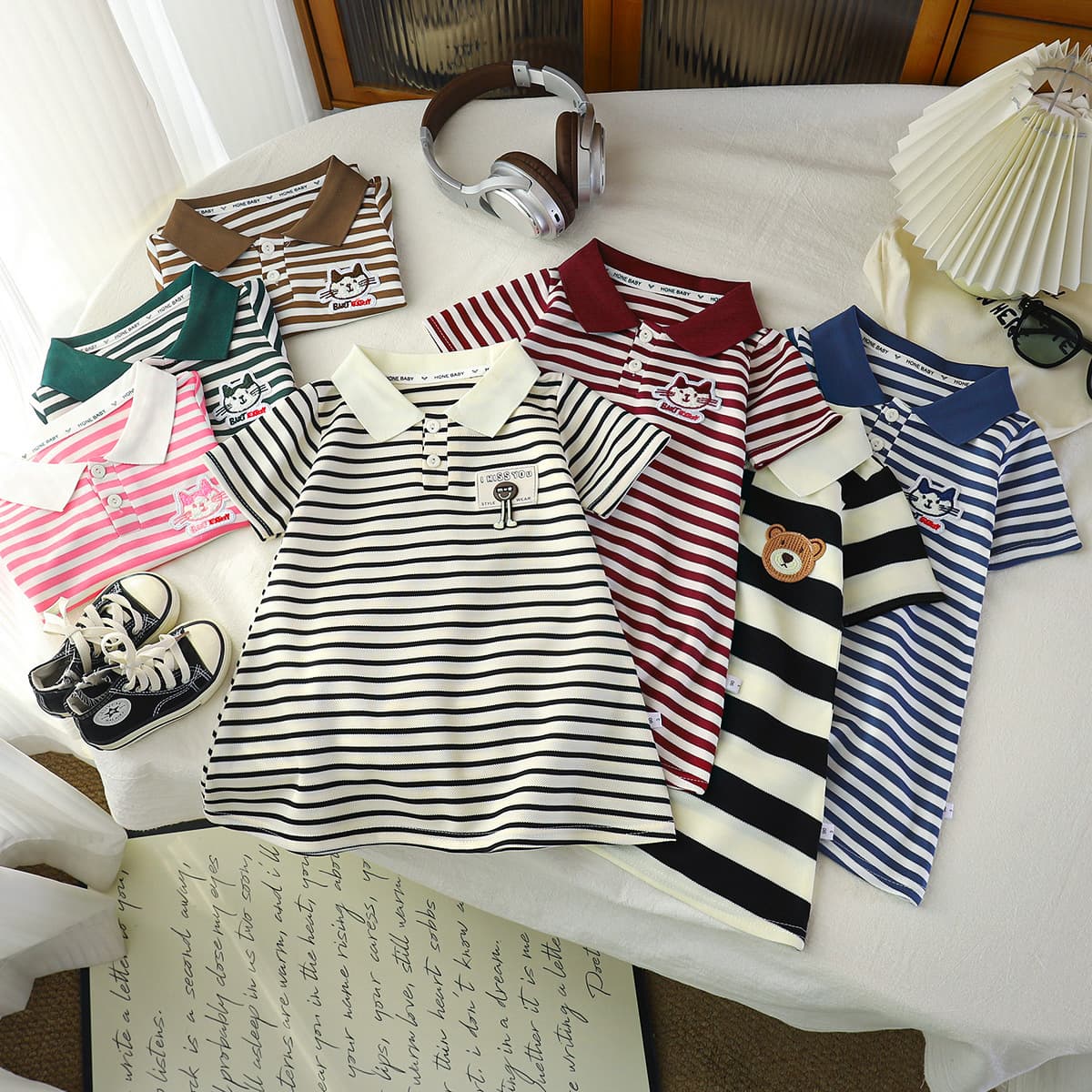 Girls' Summer Dress, Versatile T-Shirt Dress, Baby Striped Vintage Polo Skirt, Loose Princess Dress for Girls