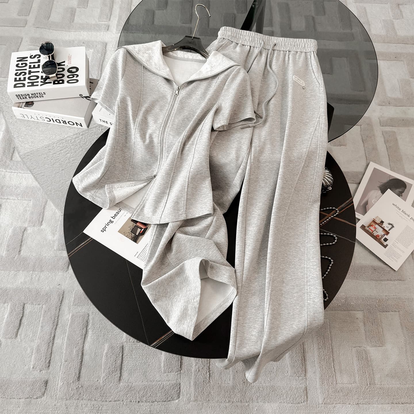 Trendy Casual Sportswear Set for Women Summer Fashionable Slim Fit Hoodie High-Waist Wide-Leg Pants Two-Piece Set