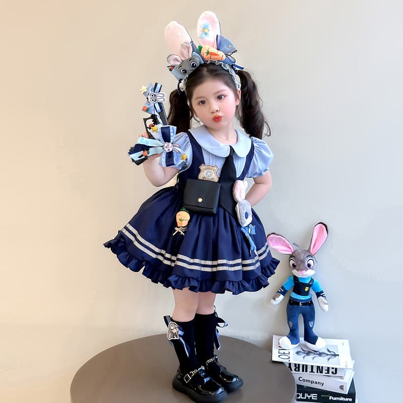 Girls Rabbit Police Officer Judy cos costume girl Lolita princess dress Disney outfit summer dress