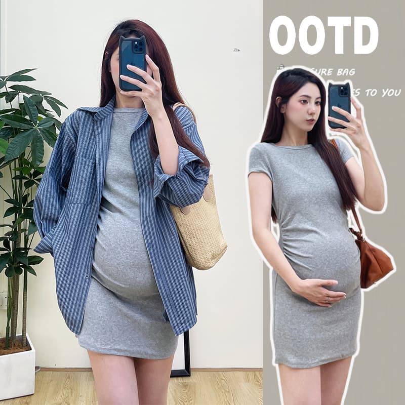 Maternity Dress 2024 Summer New Fashion Tight Pleated Short Sleeve Bodycon Dress + Loose Shirt