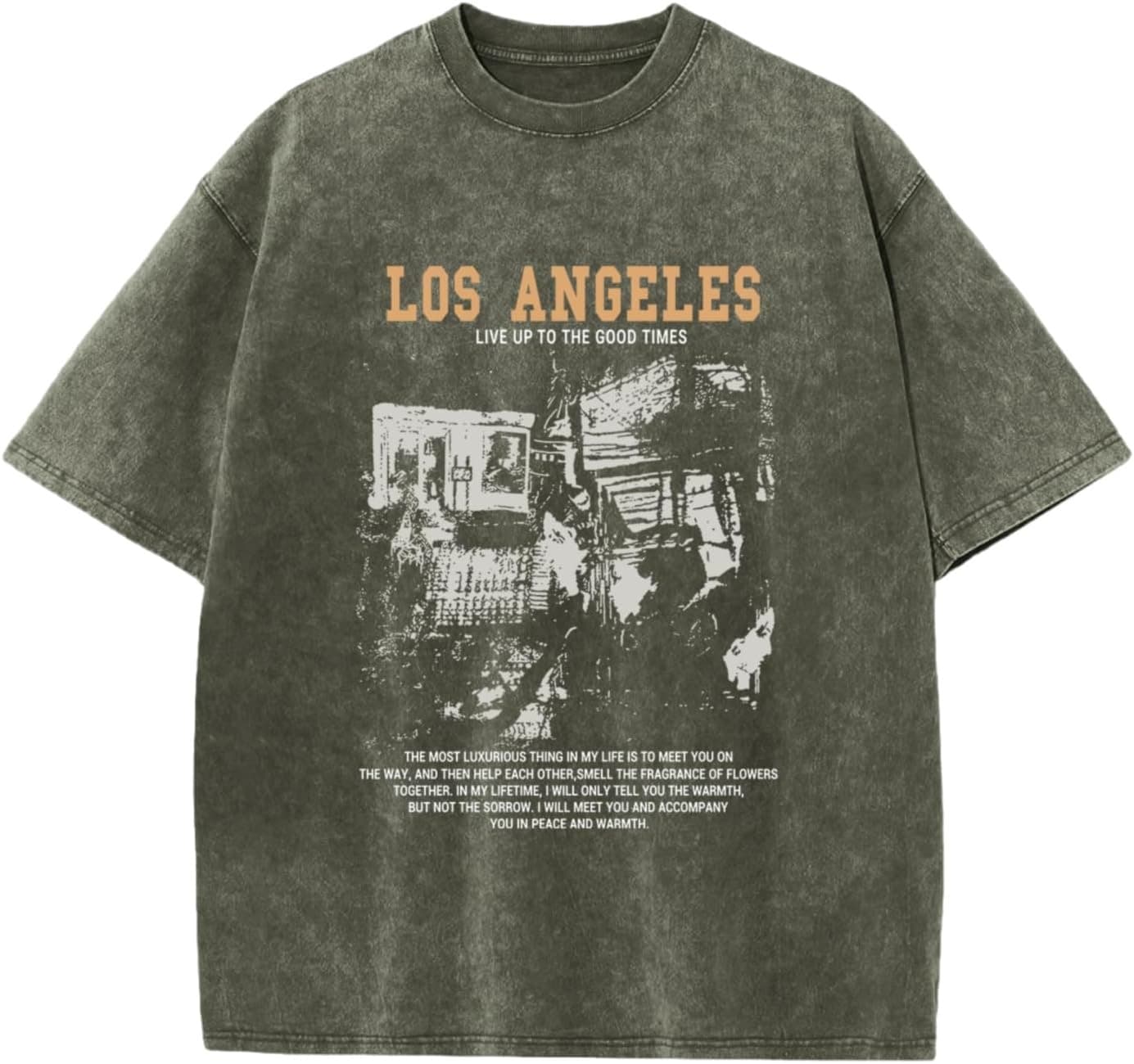 【Cross-Border European Size】Pairxily Patterned T-Shirt Men's Acid-Washed Los Angeles Vintage T-Shirt Street Style