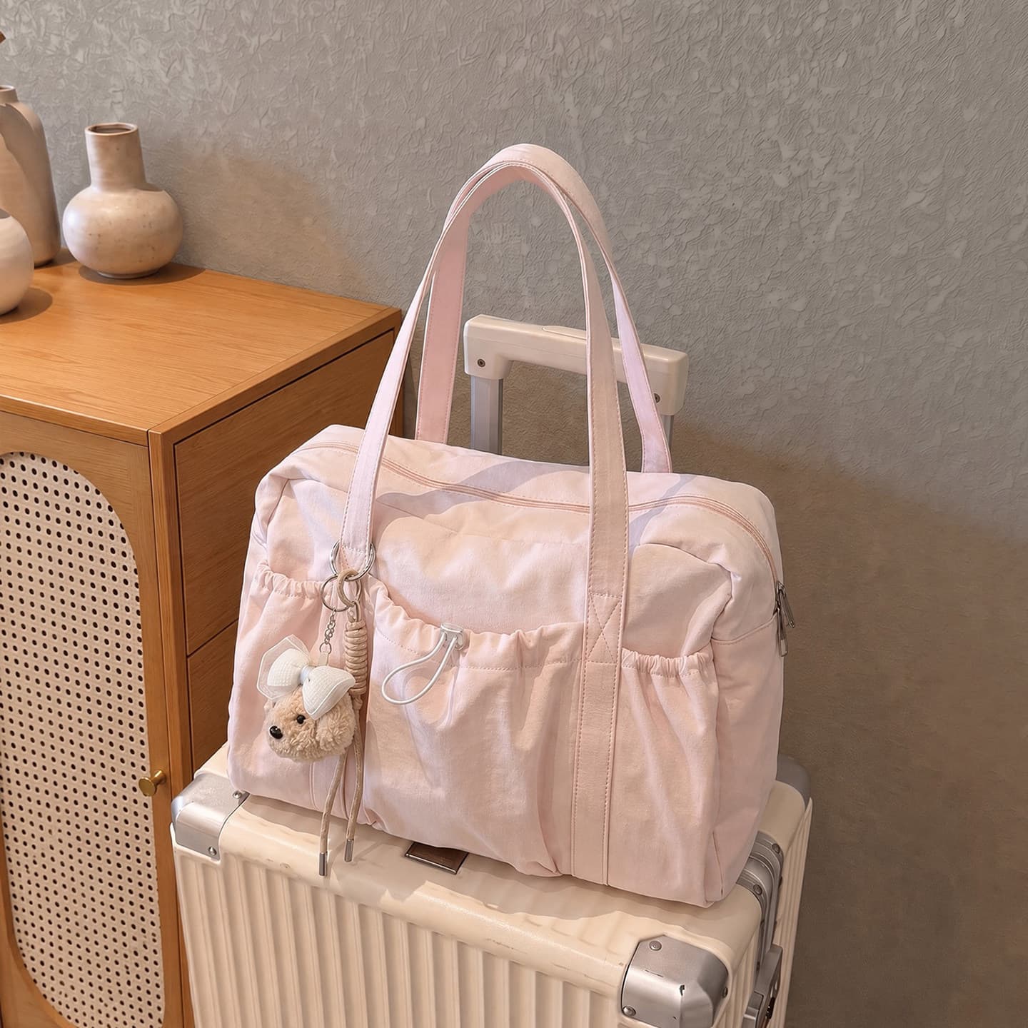 Pink Large Capacity Canvas Travel Bag Women's Short-distance Travel Storage Bag Tote Lightweight Portable Luggage Bag