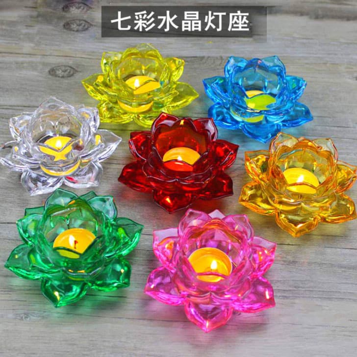 Wishing lotus butter lamp base, crystal lotus lamp stand for Buddhist candle holder, windproof colorful butter lamp base eternal flame