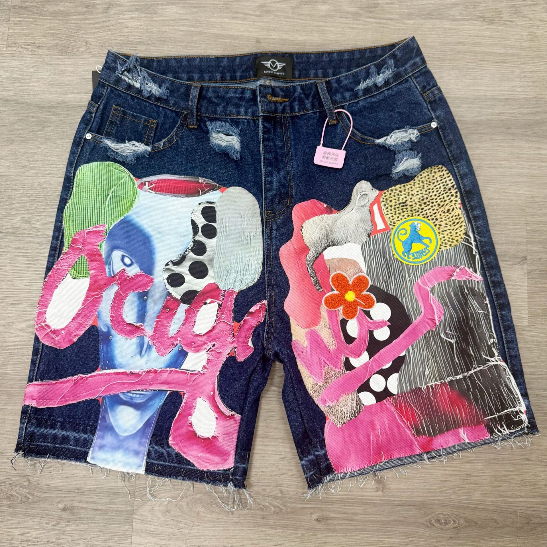 Collage Denim Shorts Collage Art Style Abstract Letter Collage Unlock Street Trend Code WL662-2