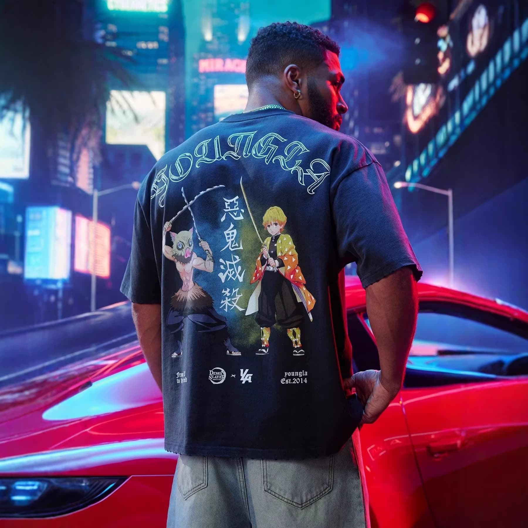 YOUNGLA co-branded DEMON SLAYER theme printed men's oversized T-shirt sports fitness cotton short sleeves