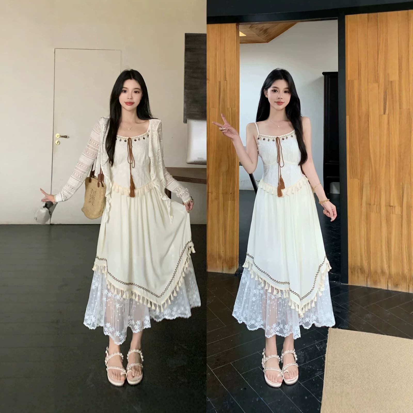 Plus Size Women's Vacation Ethnic Style Lace Dress with Shell Ribbon and Tassel Strappy Dress