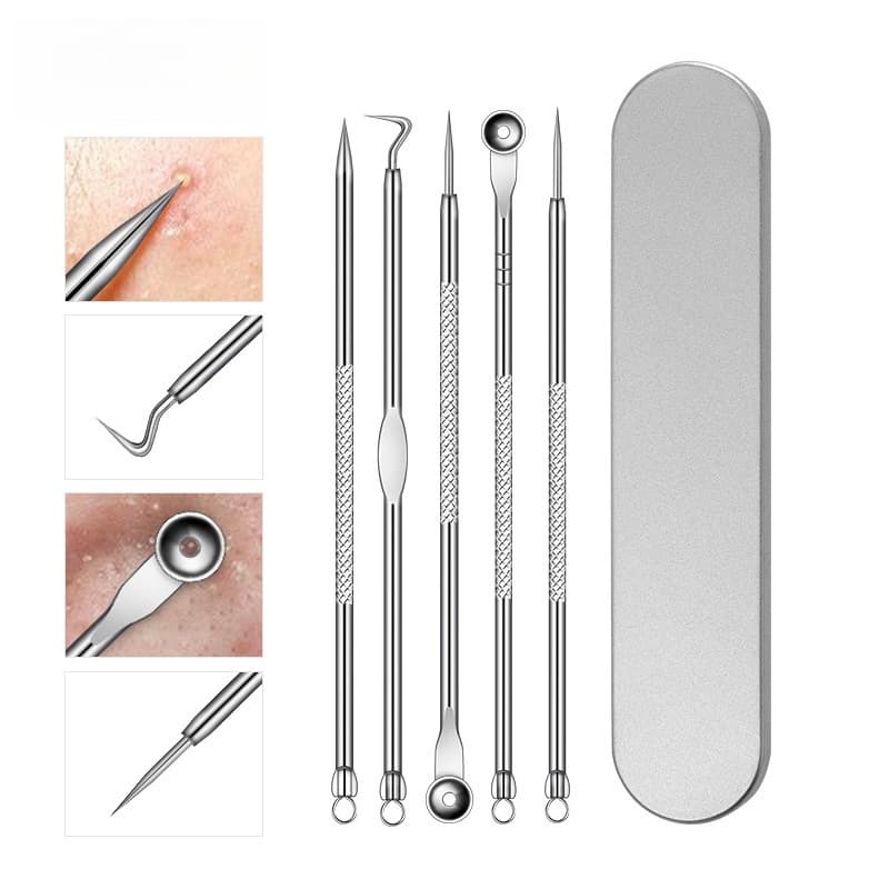 In Stock Acne Comedone Extractor 5-Piece Set, Electroplated Hook Head Blackhead Pimple Remover Beauty Tool, Acne Needle in Metal Box