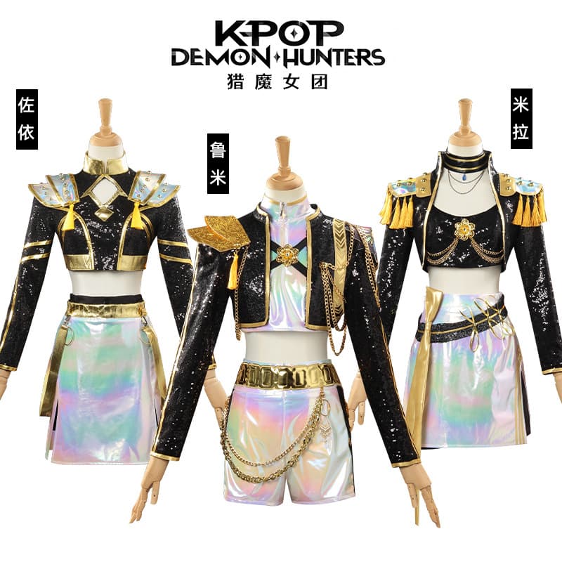 Kpop Witch Hunter Girl Group Cosplay Costume Zoe Anime Costume Rumi Stage Outfit Mira Black Gold Stage Outfit Cosplay