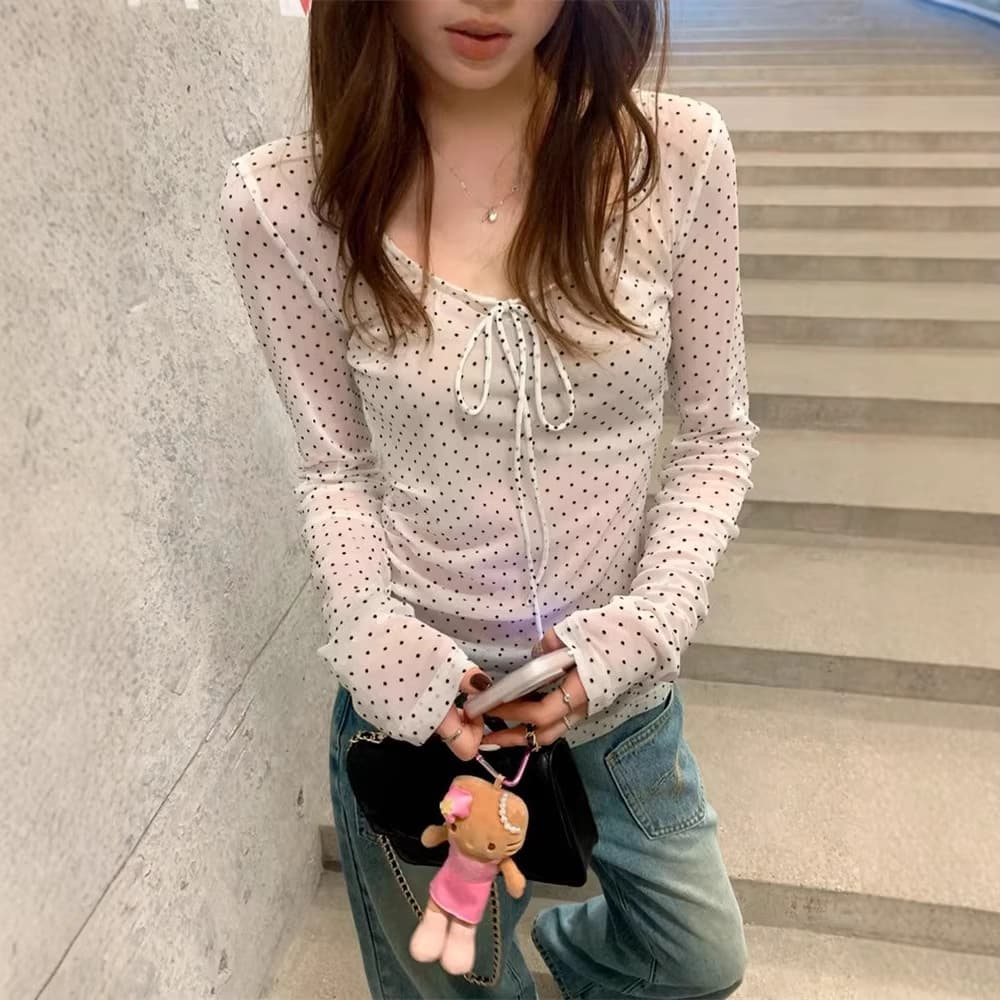 Korean-style bow polka dot V-neck long-sleeve T-shirt for women, early spring thin mesh sheer subtle see-through layering top