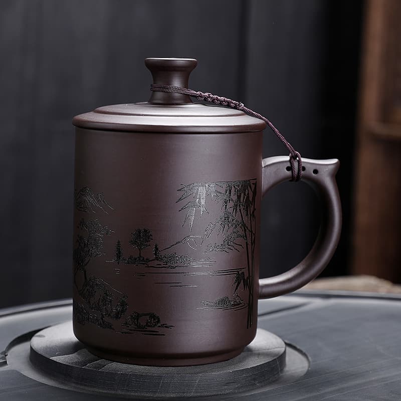 Office Tea Cup Purple Clay Cup Home Use Engraved with Lid Personal Large Capacity Water Cup Single with Handle Non-Ceramic Gift