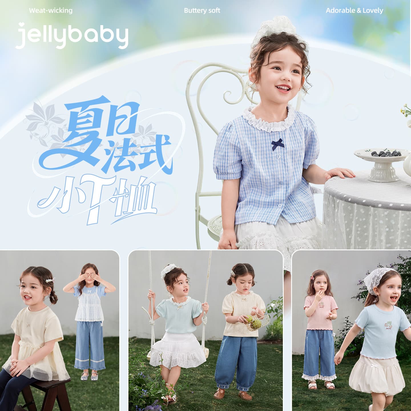 Girls Blouse Summer Short Sleeve T-Shirt Blue Toddler French Style 2026 New Baby Top