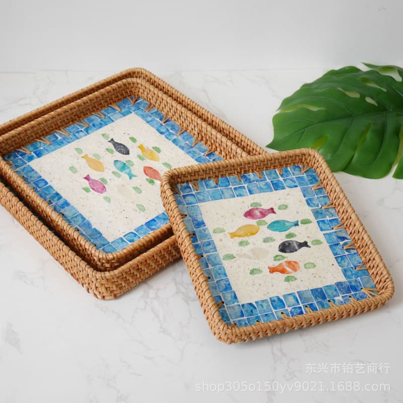 Natural Vietnamese Rattan Woven Colorful Shell Tray Creative Handmade Fruit Plate Decorative Ornament Jewelry Storage Tray Tea Tray