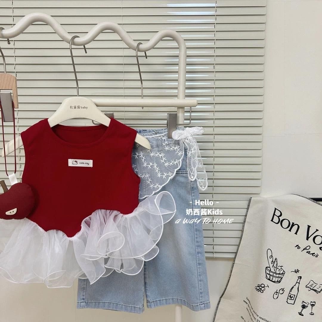 Korean style girls 2025 western style summer suit red top vest skirt denim wide leg eight-quarter pants suit others