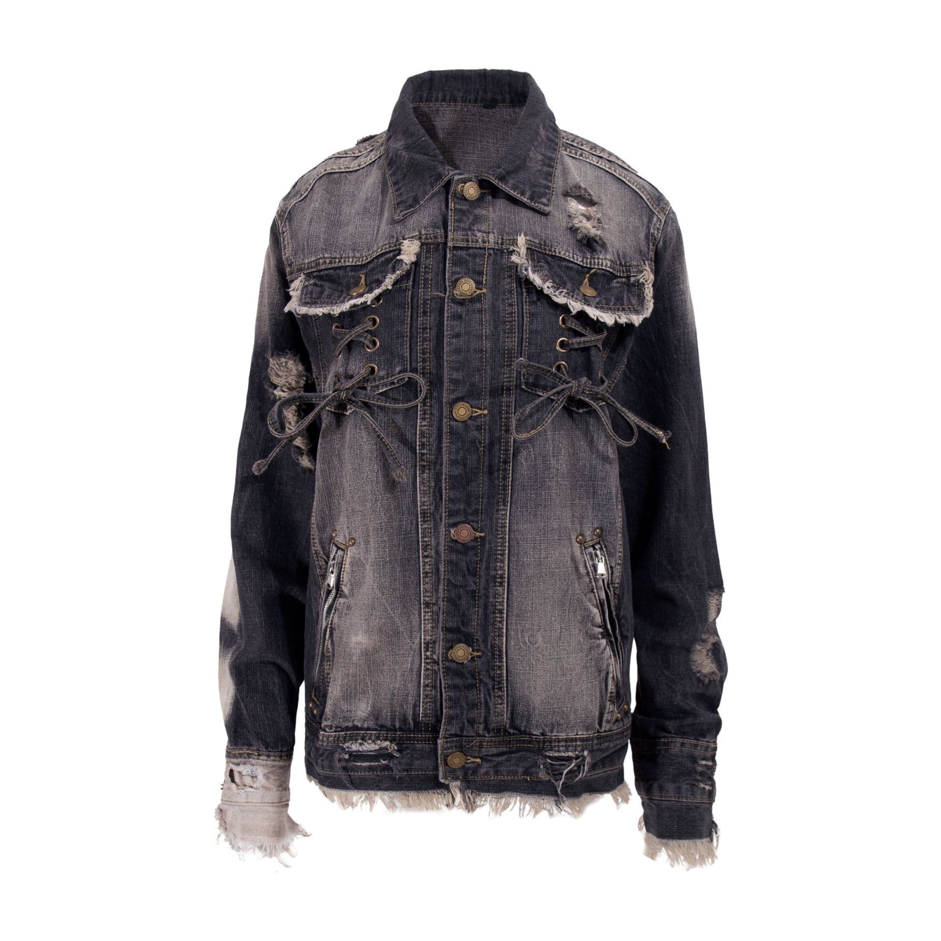 American High-Street Distressed Patchwork Tie-Strap Frayed Denim Jacket 2025 Fall New Unisex Denim Jacket