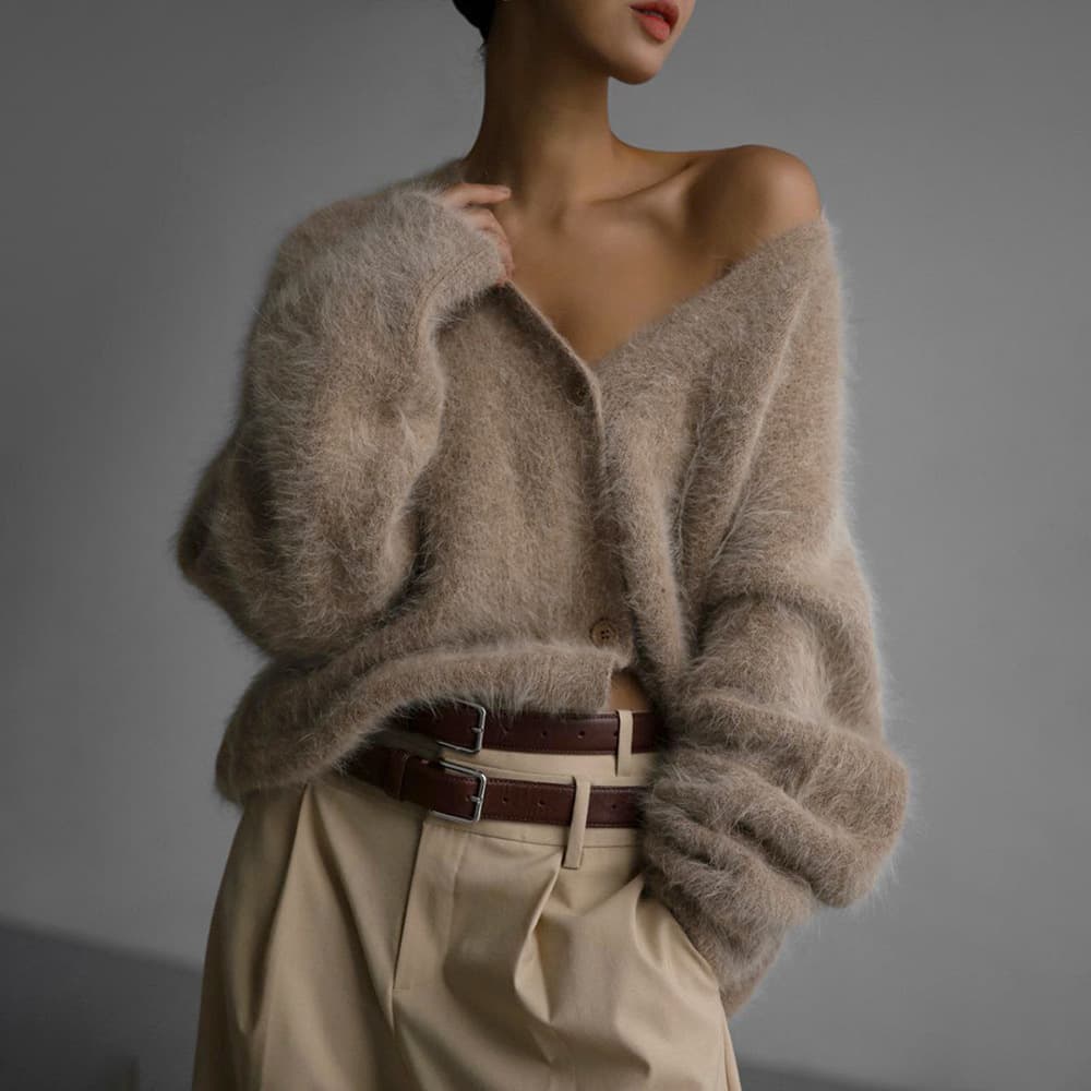 Cross-border faux mink knit cardigan, European and American style, autumn/winter 2025, relaxed, loose, long-sleeved, V-neck sweater coat for women.
