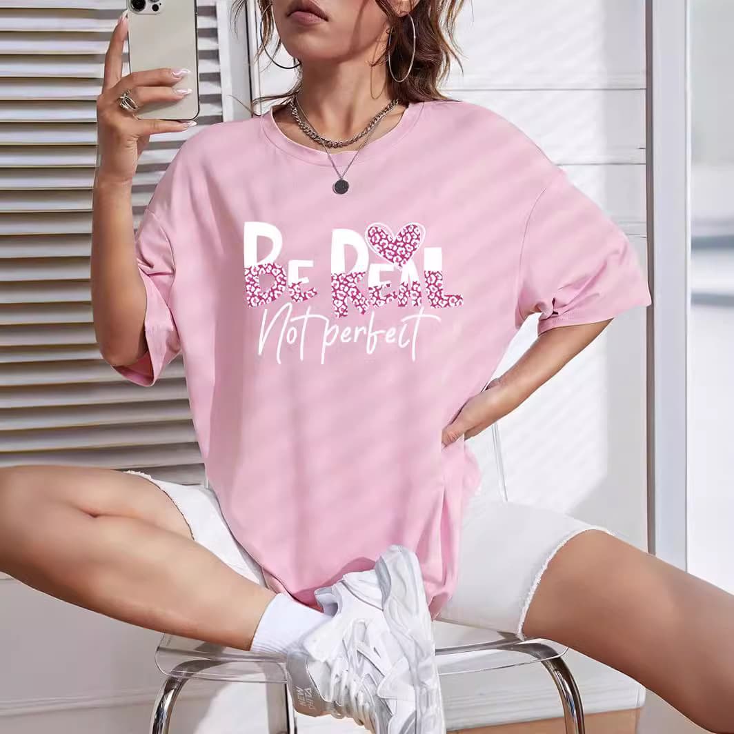 Women's Casual Loose Round Neck Short Sleeve T-Shirt with Letter Print Simple Sporty Top