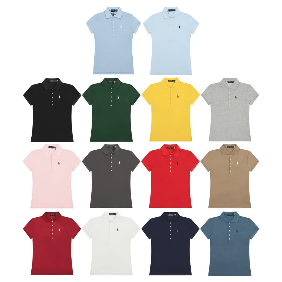 2025 American streetwear brand RL Ralph Polo Shirt with embroidered pony logo, five buttons, classic fitted waist, short sleeves, collared design, women's style.