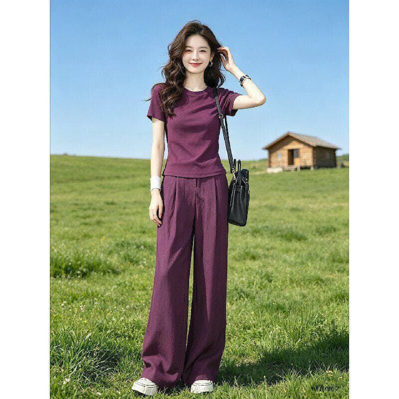 Spring/Summer Premium Casual Sportswear Set for Women, New Season Slimming Short Sleeve T-Shirt and Wide Leg Pants Two-Piece Set