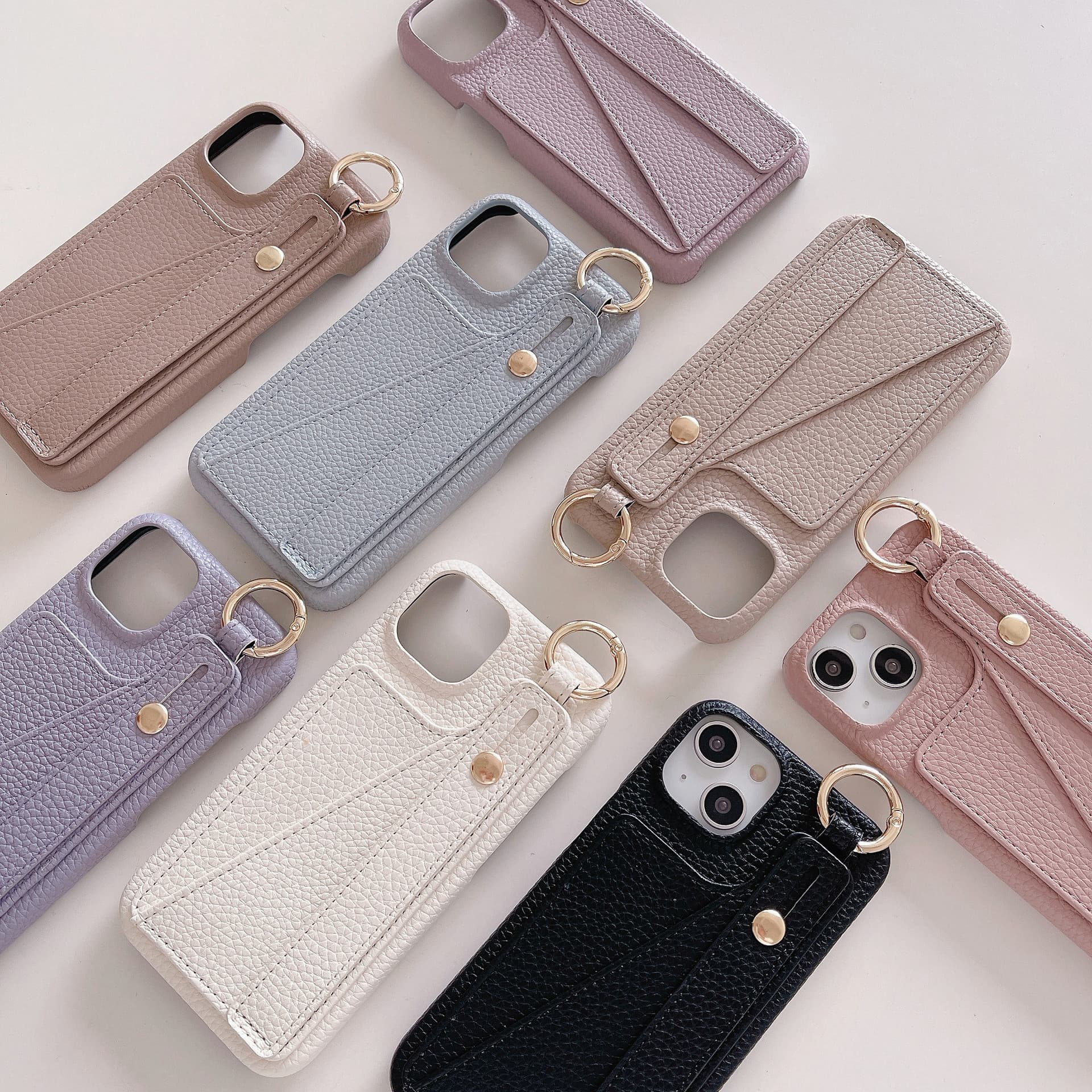 New Pebble Grain Wrist Strap iPhone 14 Pro Card Slot Phone Case 11/12 Stand for iPhone 13