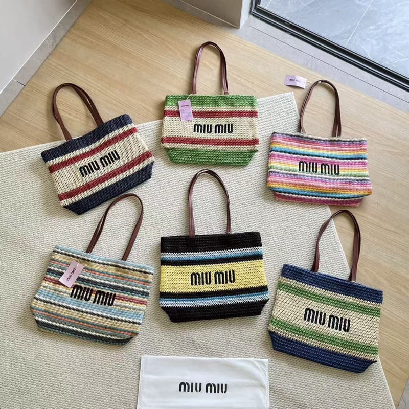 miu new fashion large-capacity portable tote bag striped straw women's bag raffia embroidered beach bag