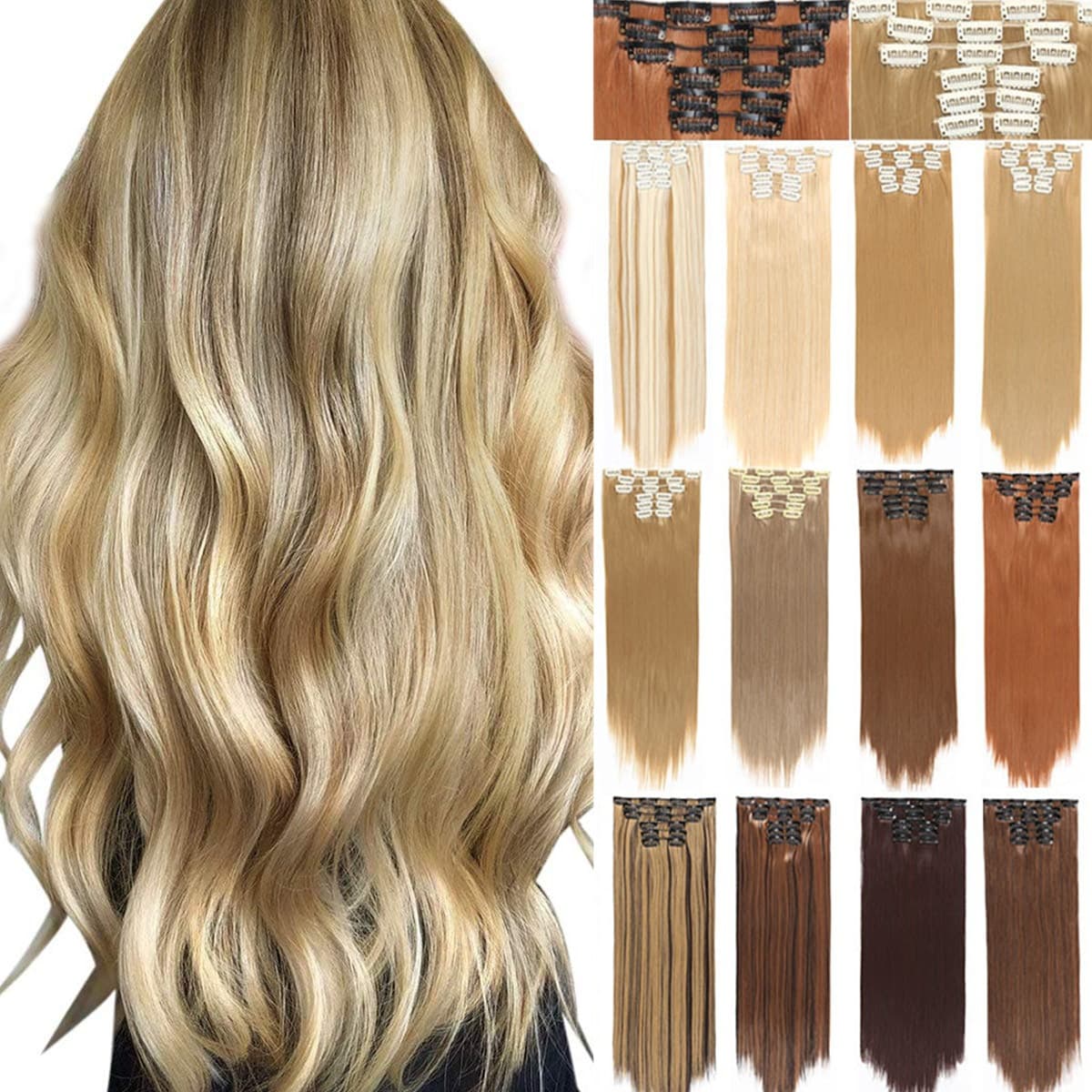16-Clip Long Straight Hair Extension Clip in Hair 6-Piece Set