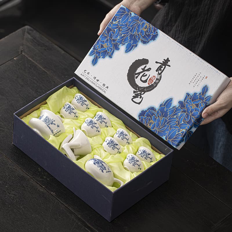 Blue and White Porcelain Gaiwan Kung Fu Tea Set Gift Box with White Porcelain Teacups, Home Use Complete Set, Souvenir, Wholesale