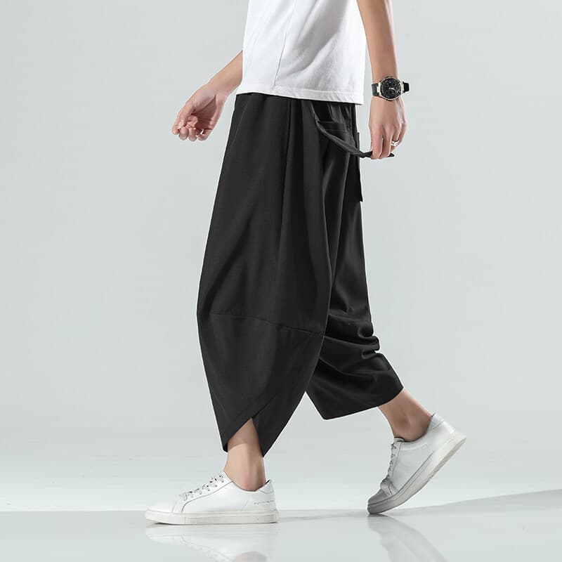 Summer New Chinese Style Ice Silk Beach Pants Large Size Loose Wide Leg Pants Japanese Men's Retro Fashion Casual Pants