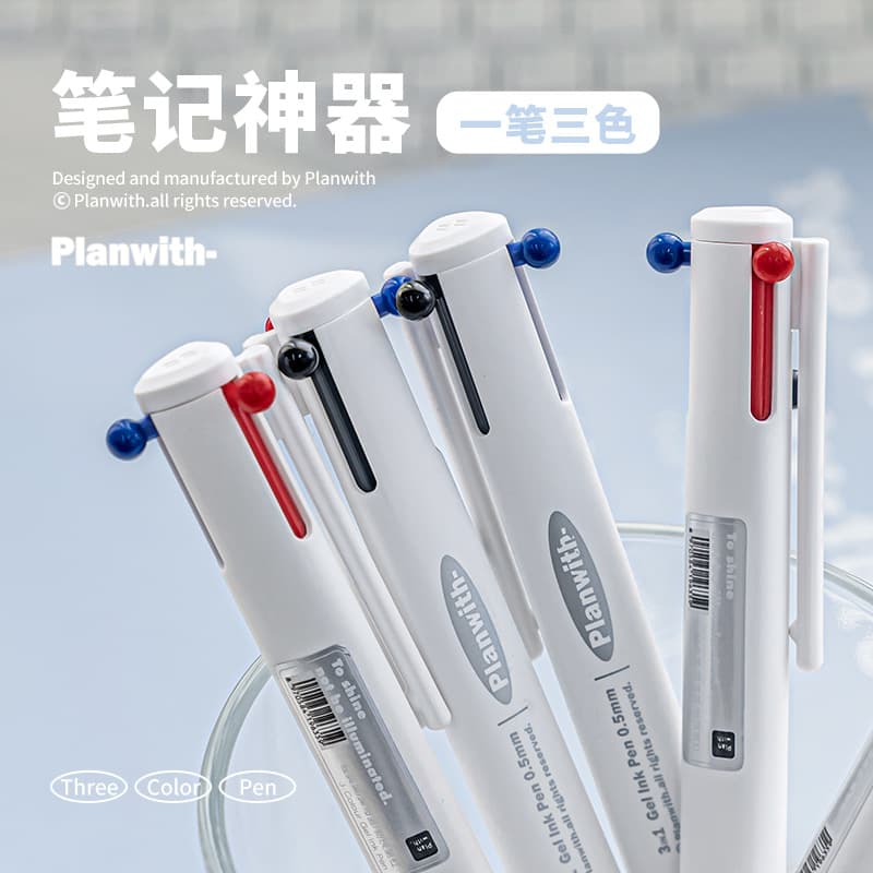 Planwith Sign Triangular Multi-Color Pen 0.5mm Bullet Tip 3-in-1 Retractable Pen with Anti-Slip Grip Highlight Pen
