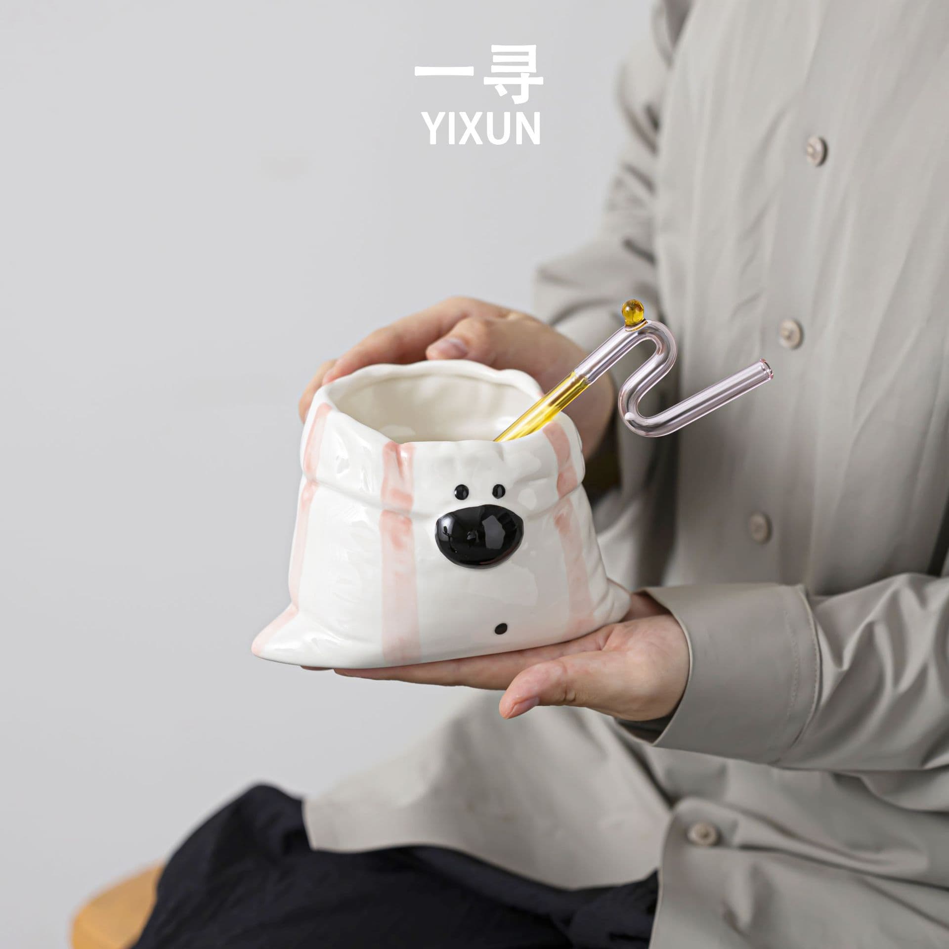 Yixun Canvas Bag Puppy Ceramic Home Drinking Mug, Under-glaze Cartoon Desktop Milk Coffee Cup, Birthday Gift
