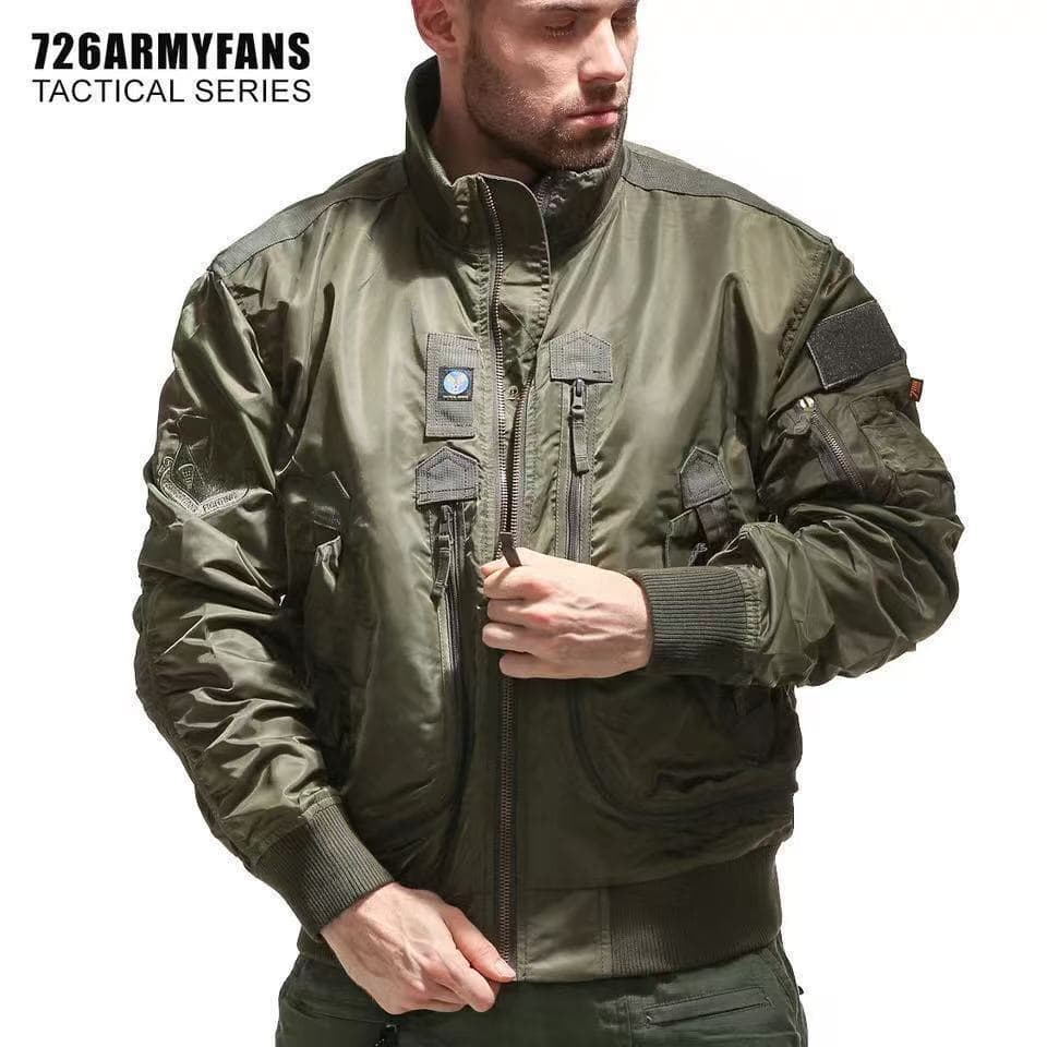 Men's Baseball Pilot Jacket Tactical Stand Collar Outerwear Lightweight Wear Resistant Zipper Closure Long Sleeve Casual Coat