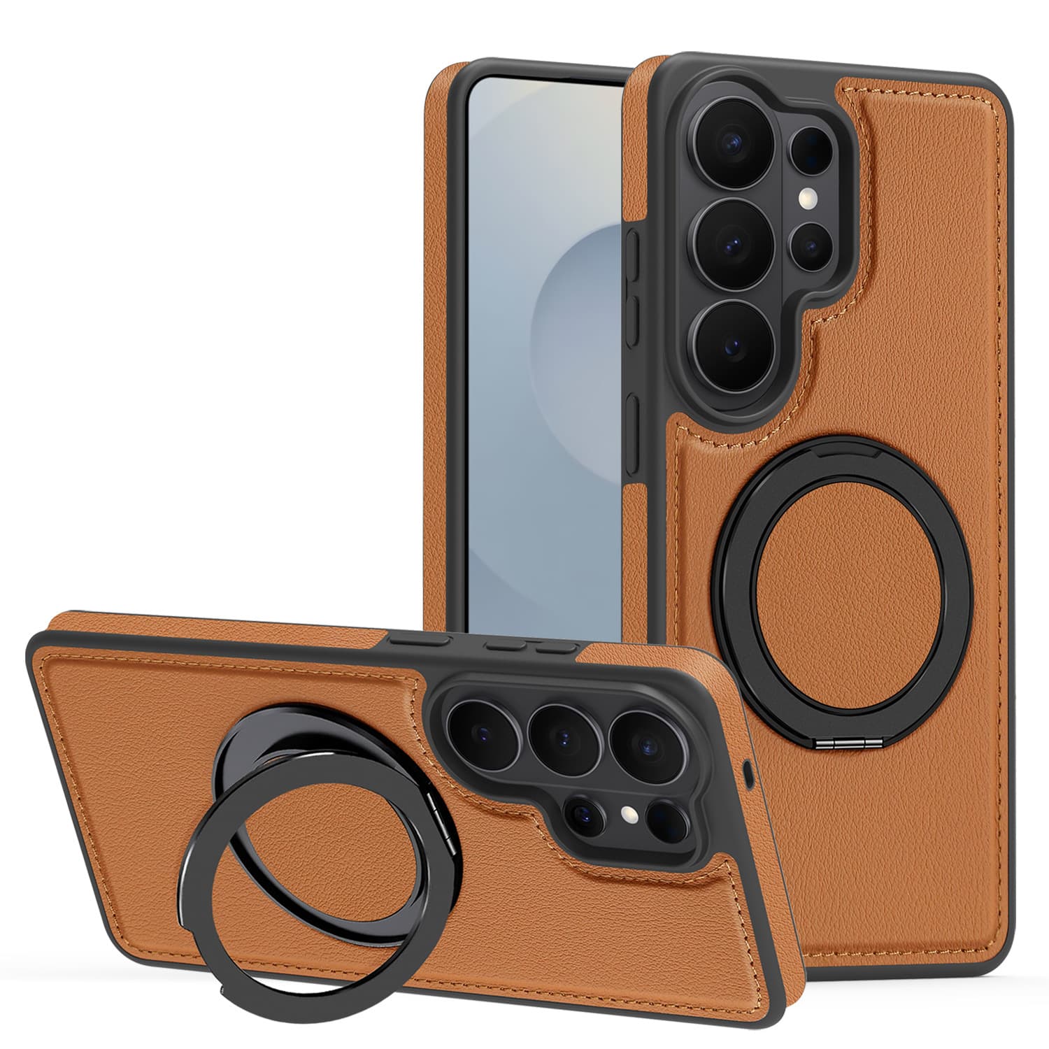 Compatible with Samsung S26 Ultra Elegant Leather Texture Phone Case with Magnetic 360-Degree Rotating Stand, S25 FE Shockproof Protective Cover