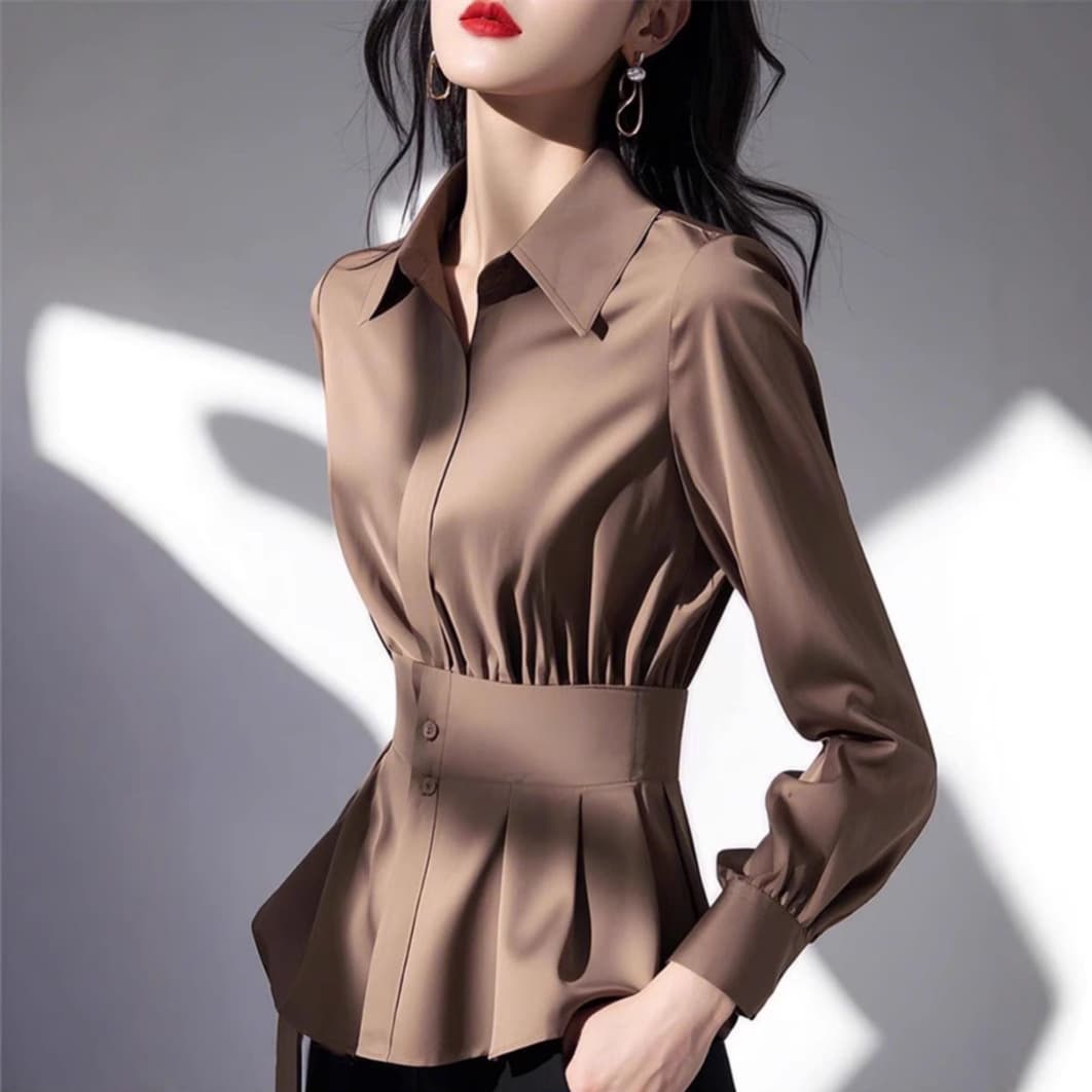 Early Spring French Unique Stylish Niche Light Luxury Cool Tone High-End Fashion Versatile Satin Long Sleeve Blouse