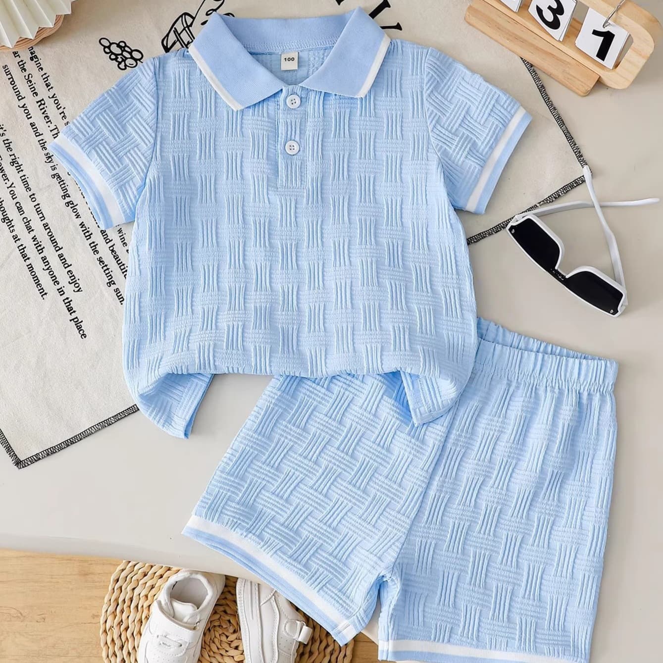 Boys 2026 Summer Solid Color New Vertical Plaid Fabric Polo Short Sleeve + Fresh Shorts Kids Set