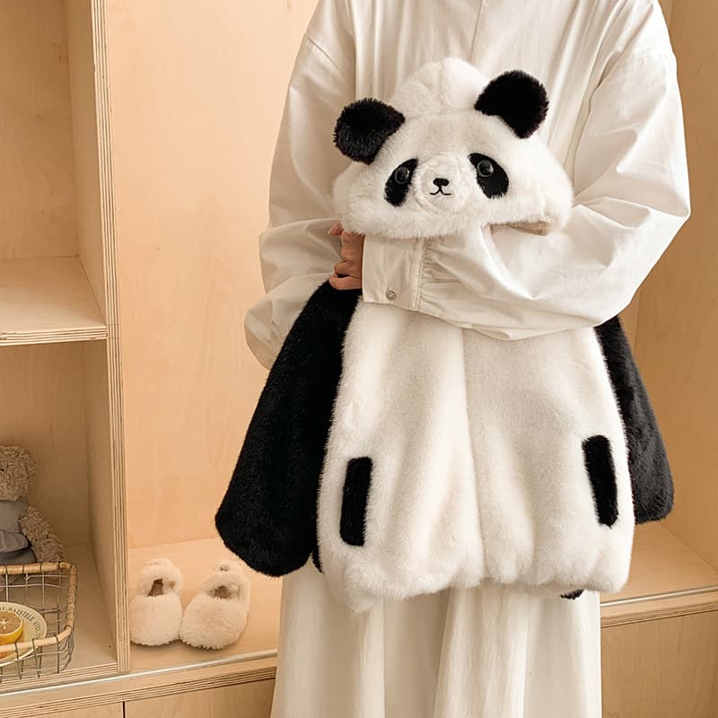 Girls Faux Fur Fleece Sweater Winter New Children Panda Black White Hooded Coat Thick Warm Zipper Jacket