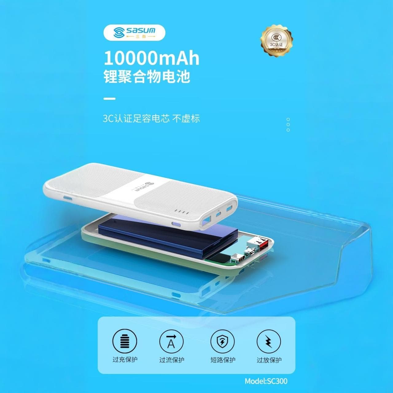 National standard 3C certified full capacity ultra-thin 10,000mAh power bank with TYPEC bidirectional fast charging